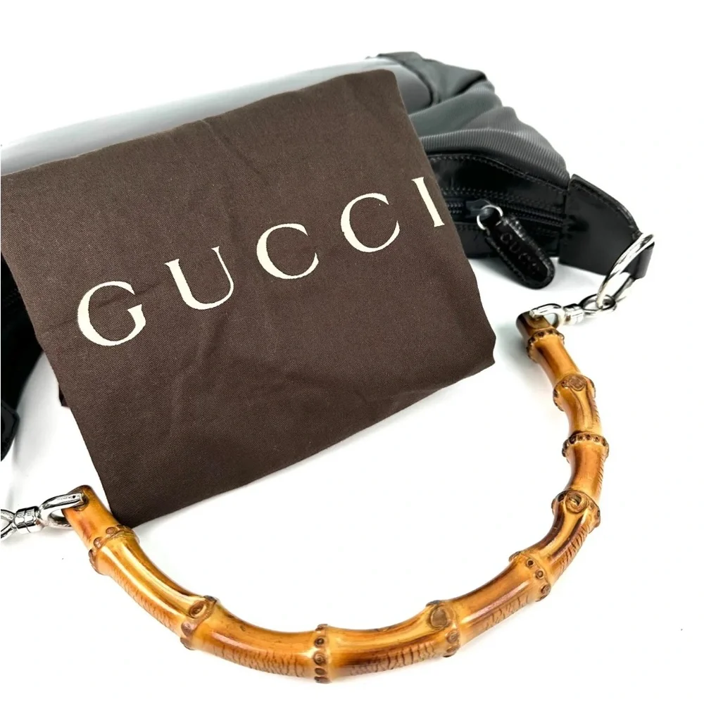 GUCCI Authentic Bamboo Shoulder Hand Bag Black Nylon Enamel. EUC! - Picture 3 of 16
